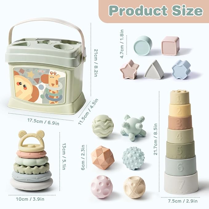 Baby Toys 6-12 Months, Montessori Toys for Babies, Shape Sorter & Stacking Rings & Stacking Cups & Sensory Balls, Teething Toys & Stacking Toys for 6+ Months, Neutral Color Gift for Boys Girls