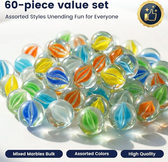 LovesTown 60PCS Glass Marbles Bulk, for Kids Marble Games DIY Home Decoration, Cats Eyes Styles