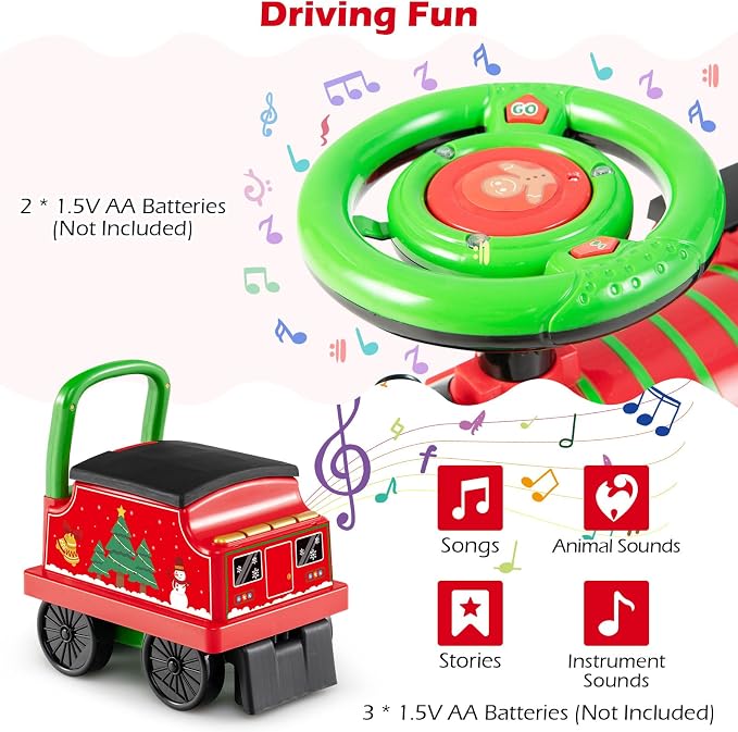 OLAKIDS 6V 2-Seater Ride on Train with Carriage, Storage, Train Whistle, Music, Lights for 18 Months+ (2 Seaters, Christmas)