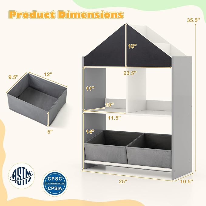 Costzon Kids Bookshelf, Wooden Dollhouse Bookcase with Blackboard, Whiteboard, Toddler Book Shelf with Cubby & 2 Fabric Bins, Toy Storage Organizer for Kids Room, Playroom, Nursery (Gray)