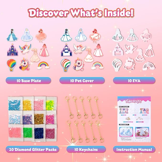 BoxNoble Shake-its Glitter Craft Kits, DIY Art Kit for Kids - Fun Shake Art Supplies, Creative Arts and Crafts Activity Gifts for Girls & Boys Ages 4 5 6 7 8 9 (Unicorns & Princesses)