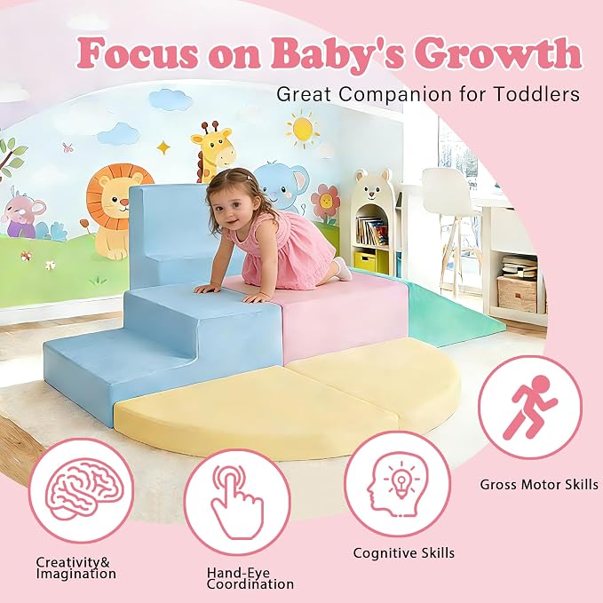 Soft Climbing Toys for Toddlers 1-3, 6-Piece Foam Climbing Blocks Set with Washable Cover, Colourful Indoor Active Play Structure for Kids, Modular Crawling and Sliding Gym for Baby
