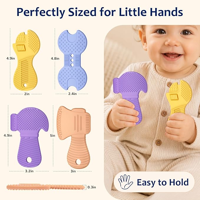 Baby Tool Teethers 4 Pack, Textured Sensory Teething Toys for Boys 0-6 Months, Wrench Screwdriver Hammer & Axe Silicone Chew Toys, Baby Shower Gifts for Newborn & Infants
