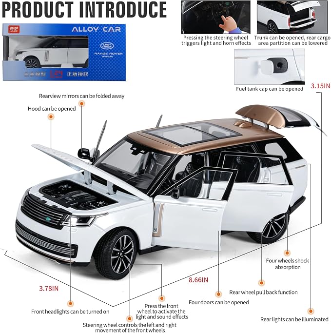 Toy Car Model 1/24 Diecast Cars Compatible with Land Rover Range Rover Off-Road SUV Collect Model Car Kits for Adults and Boys Metal Toy Cars for Kids Age 3+ Pull Back Cars with Light and Sound（White）