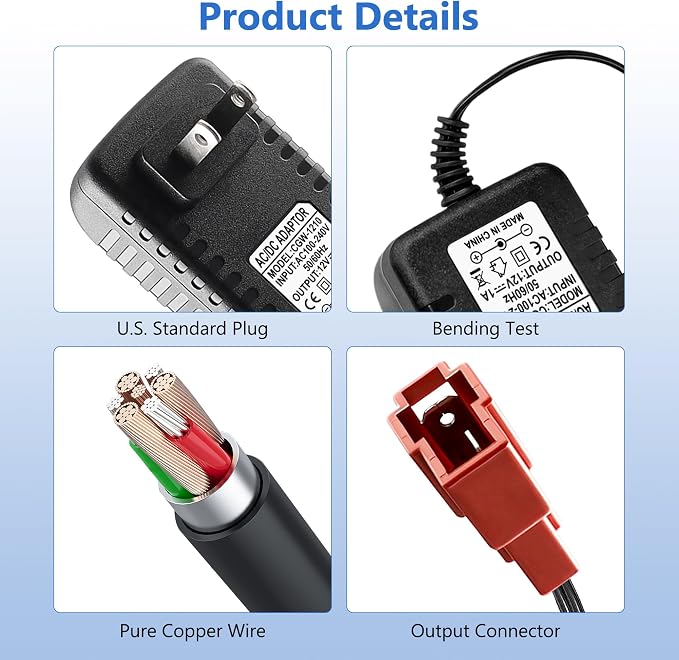 12V Battery Charger for Ride On Car Toy, Compatible with BMX X6, Kid TRAX GMC, Wal-Mart, Moto ATV Quad, Electric Vehicle Power Adapter with Square Plug