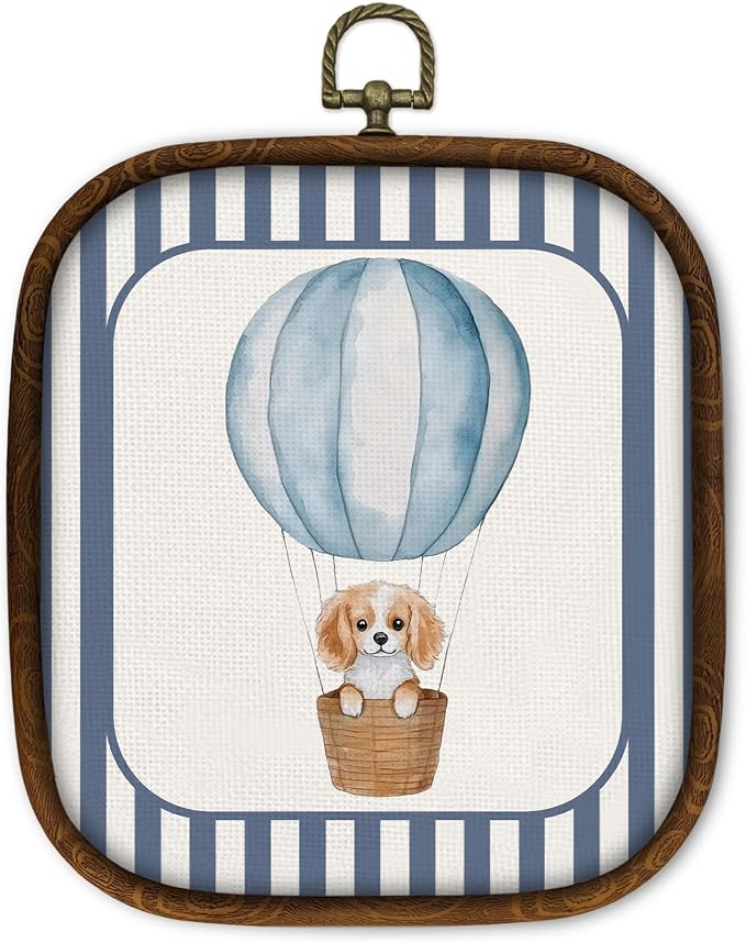 WULQYING Vintage Blue Nursery Wall Art Decor, Hot Air Balloon Dog Square Framed Canvas Art Prints, Toddler Decorations Wall Hanging Decor for Home Kids Playroom Bedroom Gallery, 5.7x6.5 Inches