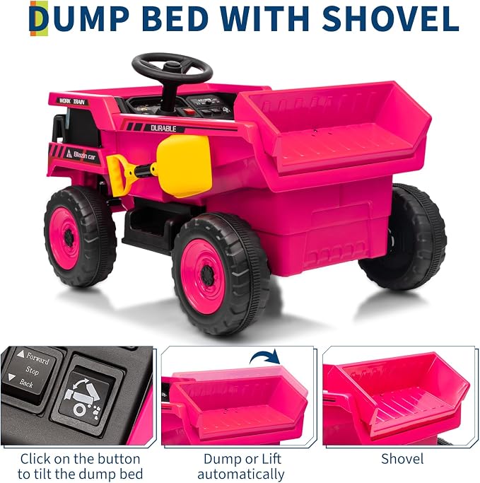 Garvee 12V Ride On Dump Truck for Kids, Ride On Car with Remote Control, Construction Vehicles with Dump Bed & Shovel, Ride-On Toys 16.5 in Spacious Seat, Music, Headlights, Soft Start, Pink