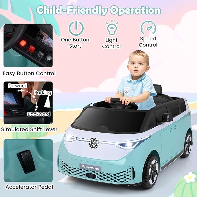 Costzon Ride on Car, 12V Licensed Volkswagen Kids Car Bus with Storage Compartment, Music, Story, Spring Suspension, LED Headlights, Electric Vehicles for Boys Girls Aged 3-7 (Aqua Blue)