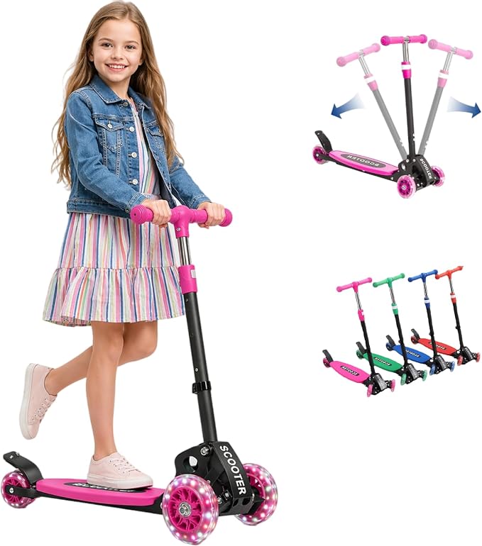 Kids Kick Scooter for 3-12,Lean-to-Steer 3 Wheel Scooter for Beginners with Light-Up Wheels,3 Adjustable Handlebar 27.5"–33",6-Inch Wide Deck,Rear Foot Brake,Foldable Scooter for Boys & Girls