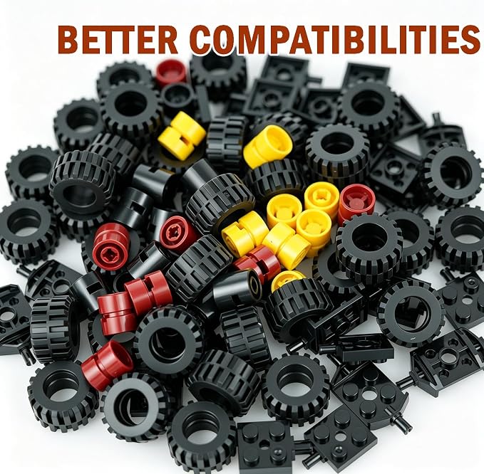 Pamvava Car Wheels and Axles Sets,100 Pieces Car Parts Building Kit with Tires, Vehicle Truck Wheel Compatible with Classic Bricks Toys (Black/Red/Yellow)