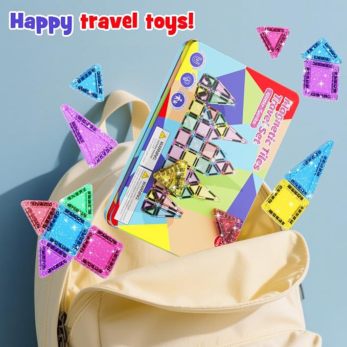 42 Pcs Mini Travel Glitter Magnetic Tiles Magnetic Block Set with Storage Box - STEM Educational Sensory Preschool Building Toy for Toddlers, Ideal Kids Gifts for Ages 2 3 4 5 6