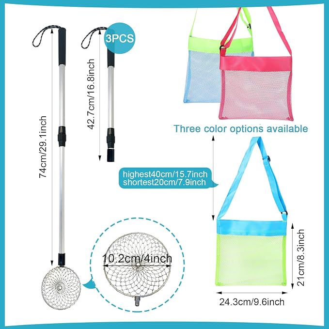 6Pcs Beach Sand Sifter, Adjustable Shark Teeth Sifter Shell Shovel Rock Scooper with Shell Collecting Bag- Beach Scoop Shovel and Sifter Tool for Picking Up Shells Beachcombing & Rock Hunting