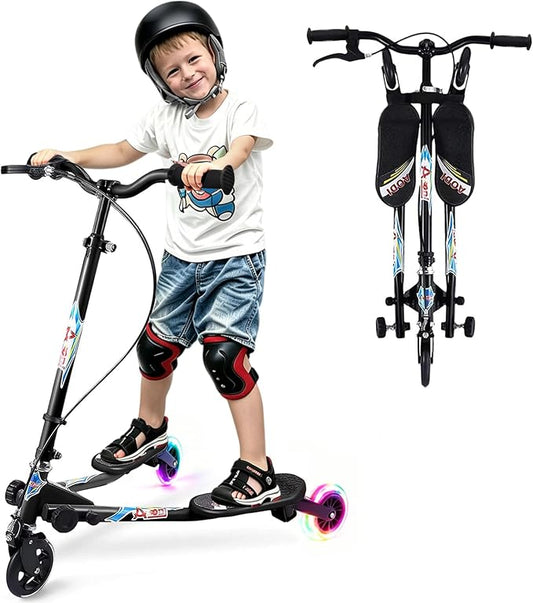 Swing Scooter for Kids, 3 Wheels Foldable Wiggle Kick Scooter Push Drifting with 4 Adjustable Handlebar & 2 Rear LED Wheel for Boys and Girls Ages 3-8