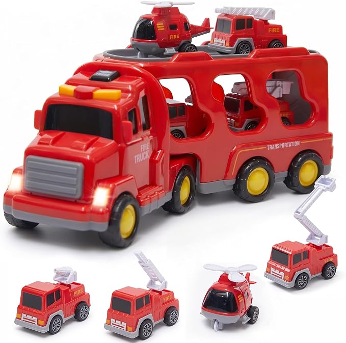 JoyRapt 5 in 1 Construction Truck Toys for Toddlers 3-5, Carrier Transport Trucks 4 Pack Small Pull Back Construction Vehicles Friction Power Cars, Christmas Birthday Gift Toys for Boys Girls.