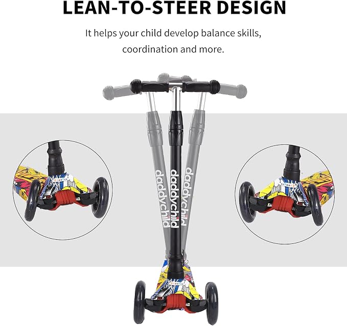 Scooters for Kids 3 Wheel Kick Scooter for Toddlers Girls & Boys, 4 Adjustable Height, Lean to Steer, Extra-Wide Deck, Light Up Wheels for Children from 3 to 14 Years Old