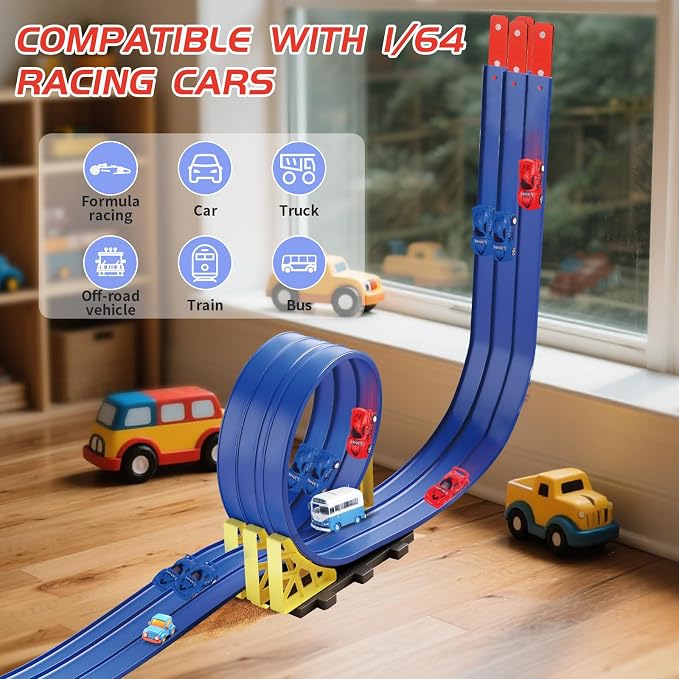 16.5ft Build Anywhere Portable Race Track with Suction Cups - Flexible Roll-Up Design Fits 1/64 Scale Cars, Portable Toy Gift for Kids 4+ Year Old (3 Tracks/Blue)