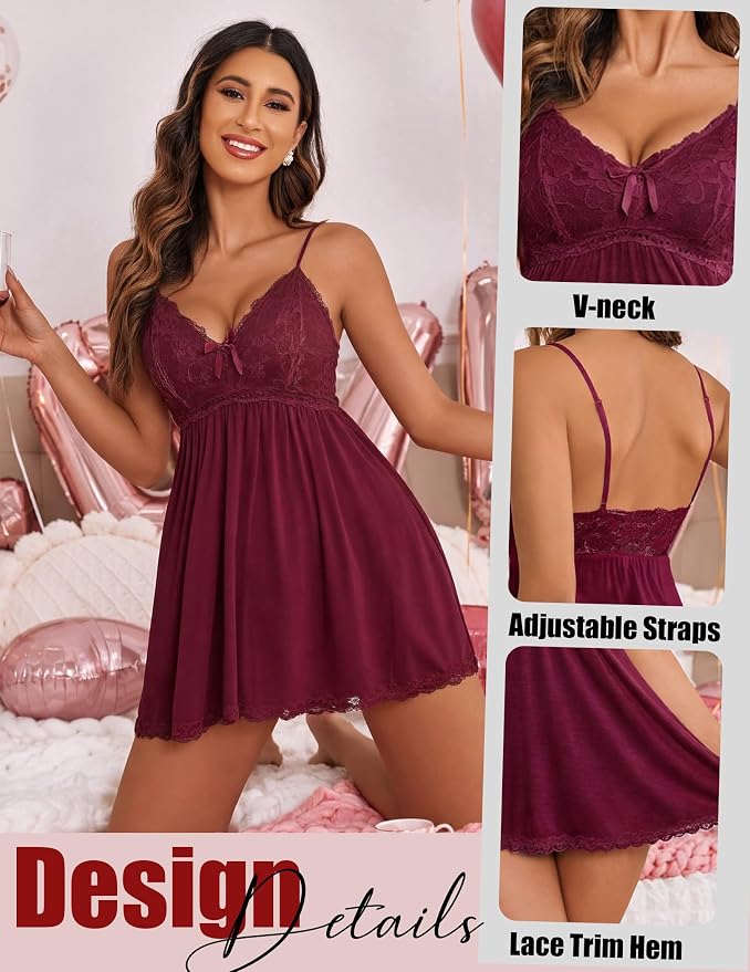 Avidlove Women Nightgown Sexy Sleepwear Lace Chemise V-neck Modal Babydoll Lounge Dress