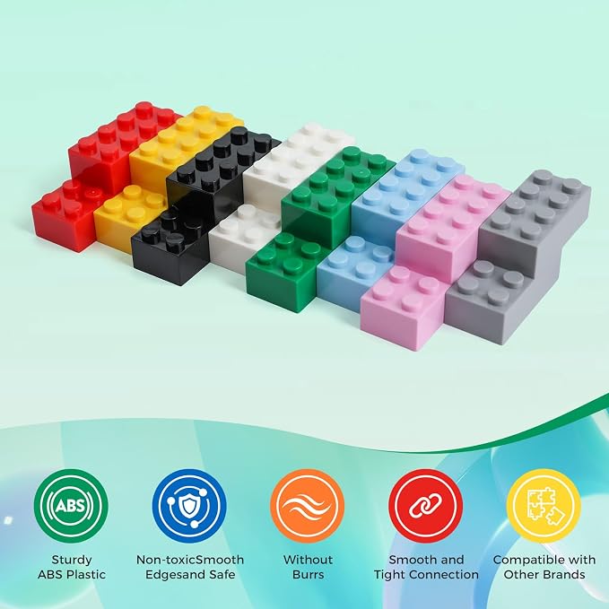 HUIZDQ 2x4 Bricks 500 Piece Classic Building Bricks and 1 Gray Baseplate, 2x4 Bricks Bulk Creative Building Toys, Blocks Bulk for Kids Ages 6+, 8 Colors