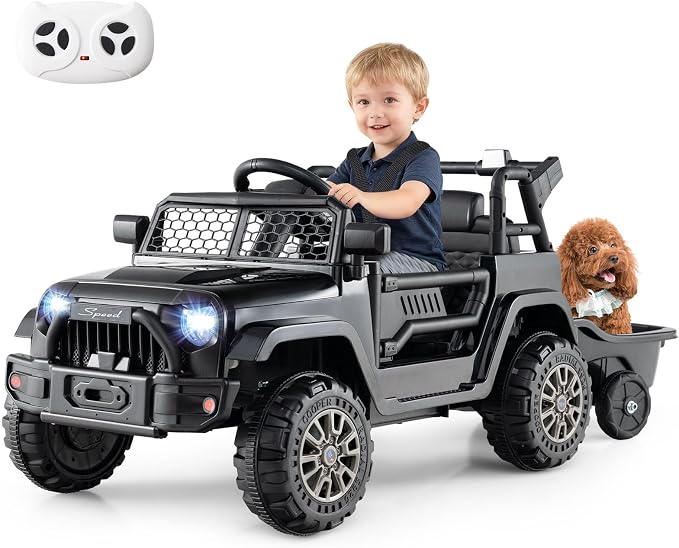 Costzon Ride on Car with Detachable Trailer, 12V Battery Powered Ride on Truck with Parent Remote Control, Light & Music, Electric Vehicle Kids Car Toy for Boys & Girls (Black)
