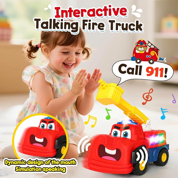 Interactive Talking Fire Truck Toy for Toddlers 1-3, Musical Toy with Realistic Sirens & Sounds & Lights, Recording Repeating Learning Toy, Car Toddler Toys for 2 Year Old Boy Girl Birthday Gifts