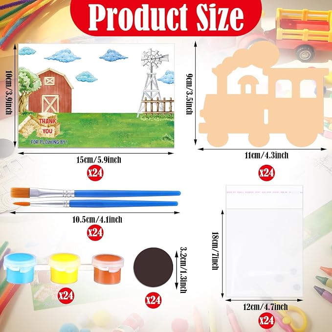 Seenelling 24 Set Train Birthday Party Favor Craft Include 24 Pcs DIY Wooden Painting Art Kit 24 Pcs Magnets 24 Gift Card 24 Wood Coloring Paint Gift 24 Transparent Bags Bulk for Classrooms Supplies
