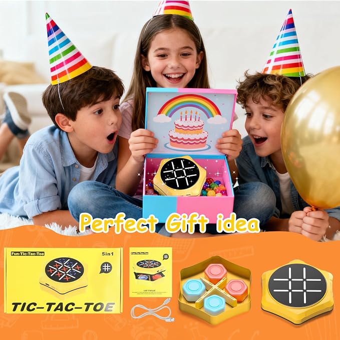 Electronic Tic Tac Toe Game, 5-in-1 Electric Tic Tac Toe with Mute & Rechargeable - Handheld Travel Board Game for Kids Ages 4+, Adults, Family - Educational Learning Toy for Boys Girls, Yellow