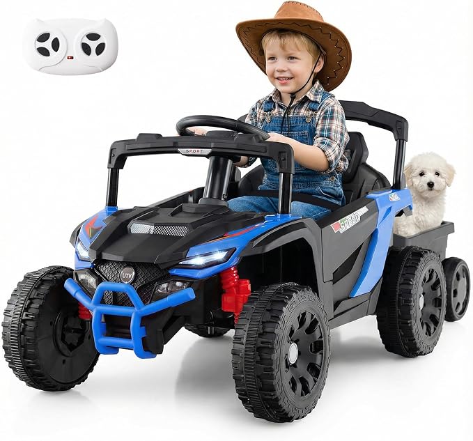 Costzon Kids Ride On UTV Car with Detachable Trailer, 12V Battery Powered Electric Vehicle with Remote Control, 3 Speeds, LED Lights, Music, Horn, Off-Road UTV for Boys & Girls (with Trailer,Blue)