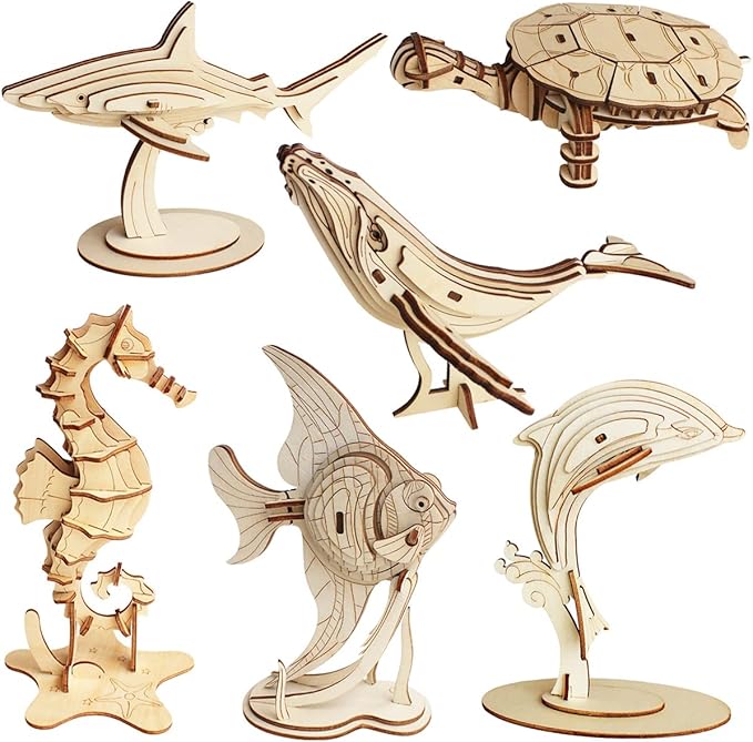 3D Wooden Sea Animal Puzzle - 6 Piece Set Wood Sea Animals Skeleton Assembly Model Kits - Wooden Crafts DIY Brain Teaser Puzzle - STEM Gifts for Adults & Teens Birthday Gifts Christmas