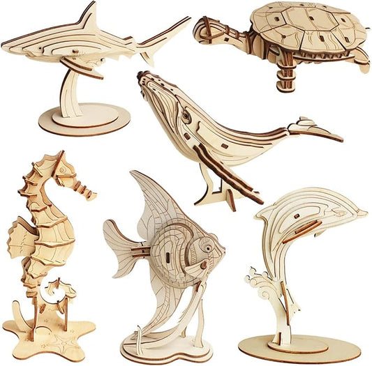 3D Wooden Sea Animal Puzzle - 6 Piece Set Wood Sea Animals Skeleton Assembly Model Kits - Wooden Crafts DIY Brain Teaser Puzzle - STEM Gifts for Adults & Teens Birthday Gifts Christmas