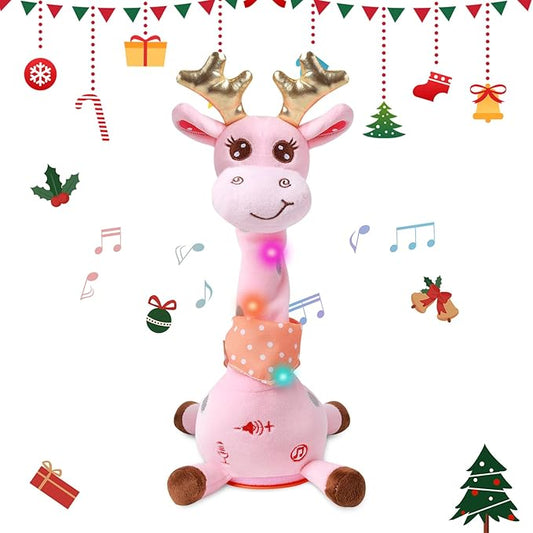 LUKETURE Dancing Talking Singing Pink Giraffe Stuffed Plush with Golden Antlers,Interactive Stuffed Animal Toy, Musical Plush with Record & Repeat, Sings 10 Songs, LED Lights