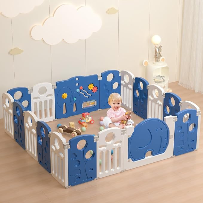 LulliSpace Baby Playpen,for Kids and Toddlers,Kids Activity Centre Safety Play Yard,Indoor&Outdoor Pattern Baby Fence with Game Panel, Safety Lock, Non-Slip Bases, Adjustable Shape,18 Panels