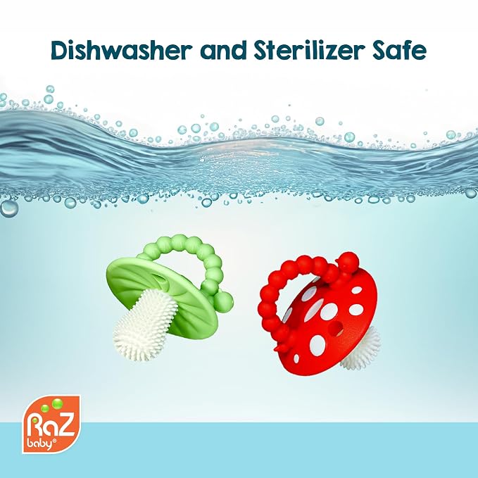 RaZbaby Soft Silicone Infant & Baby 3M+ Teether Toy Massaging Bristles Teething Relief Pacifier - Soothes Sore Gums - Hands-Free & Easy-to-Hold Chompy Teether, BPA Free (RED/Green)