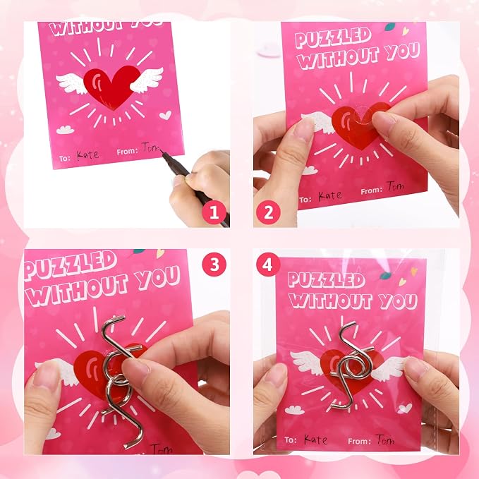Fancy Land 24 Pack Valentines Gifts for Kids Classroom Metal Puzzles Brain Teasers Kids Valentines Day Cards for School Exchange Gifts Party Favors