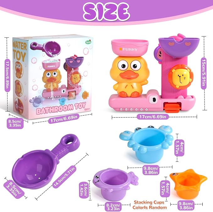 Toddler Bath Toys for Kids Ages 1-3 Waterfall Bathtub Toys for Toddlers 2-4 | with 3 Stacking Cups No Mold Baby Bath Toys Interactive Duck Shower Toys for 1+ Year Girl Gifts with Strong Suction Cups Pink