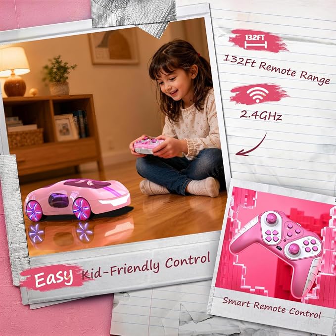 AEROQUEST Pink Hand Controlled RC Cars for Girls | Remote Control Stunt Drift USB-C Charging Light Spray Sound Gesture Sensing Spotrs Birthday Holiday Gifts 2.4GHz 4WD