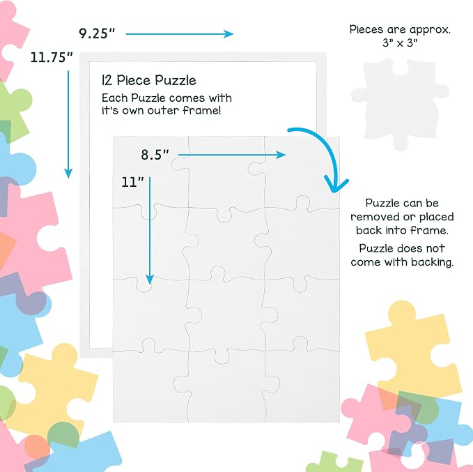 Hygloss 12 Blank Jigsaw Puzzles– 8.5 x 11 Inch, 12 Pieces Each – DYI Party invites, Perfect for Decorating, Kids' Activities, Arts & Crafts or Party Favors - Puzzle Pieces to Draw On for Crafts