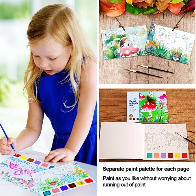 JUNQIU Watercolor Coloring Books for Kids Ages 4-8, Pocket Watercolor Painting Book for Toddlers, Arts and Crafts for Girls Gifts, Stocking Stuffers For Kids