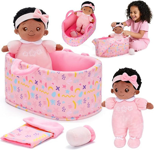 OUOZZZ 10" Black Baby Doll Accessories with Soft Doll, Bassinet, Blanket and Bottle, Toys for 2 Year Olds Girls Birthday Gift, Interactive Pretend Playset for Social Emotional Learning