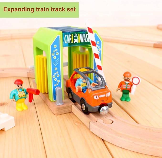 Car Wash Toy for Wooden Train Set Accessories,Wooden Train Washing Station Playset for Toddlers,Compatible with Thomas, Brio, Chuggington