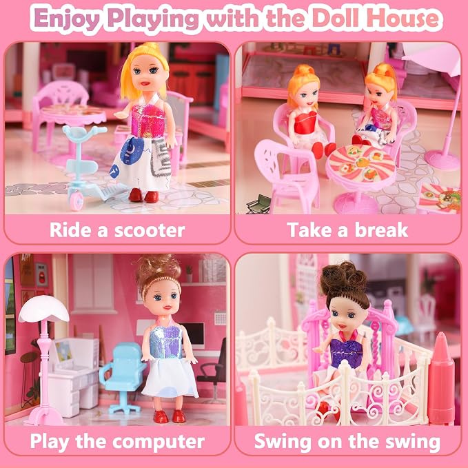 Large Doll House for Girls 3-12 Years Old 11 Rooms Dream Dollhouse with Lights, Play Mat, Dolls, Furniture & Rich Accessories, Perfect Birthday for Kids