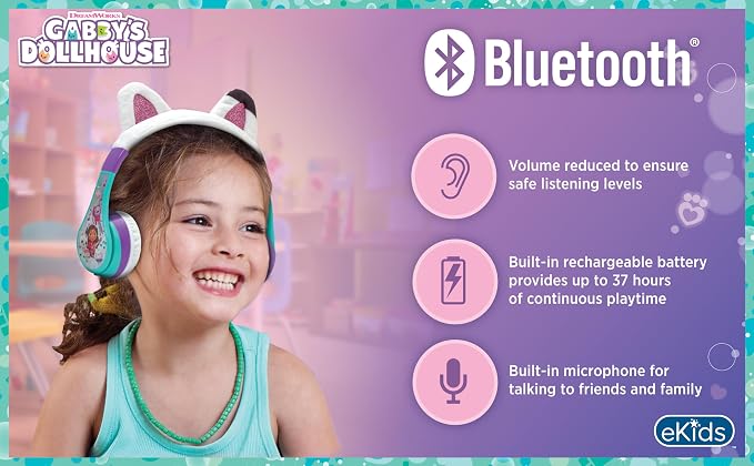 Gabbys Dollhouse Bluetooth Headphones for Kids, Wireless Headphones for School, Home, or Travel (Gabby)