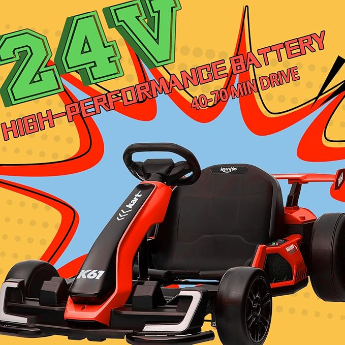 KerryYoo K61 Go Kart Electric Drift Kart with Length Adjustable Seat, 24V Outdoor Ride on Toy with 4 Speed Mode, Crazy Kart for Kids 6-12 Years Old, Fast 300W Motor, 8.5 MPH, Bluetooth - Red