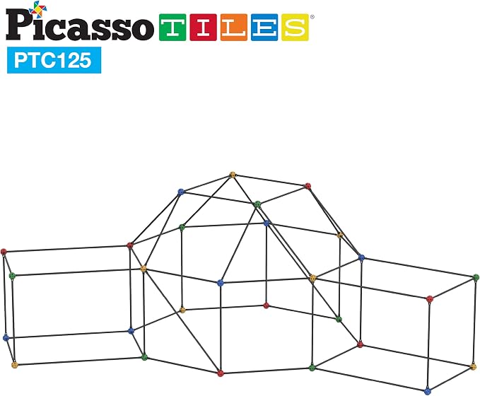 PicassoTiles Kids Fort Building Kit Playset 125 Piece Indoor and Outdoor Toy Set Fort Construction Builders Blocks Toys for Kids Boys Girls STEM Learning Castle System Tunnel Tent Rocket Pretend Play