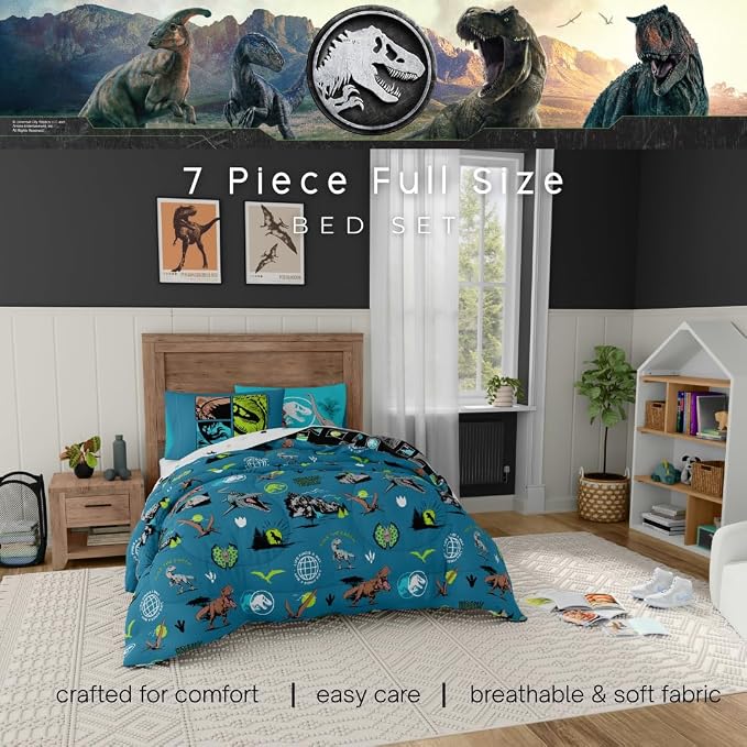 Jurassic World Kids Bedding Super Soft Cozy Reversible Microfiber Comforter and Sheet Set with Sham, 7 Piece Full Size, (Officially Licensed Product) By Franco
