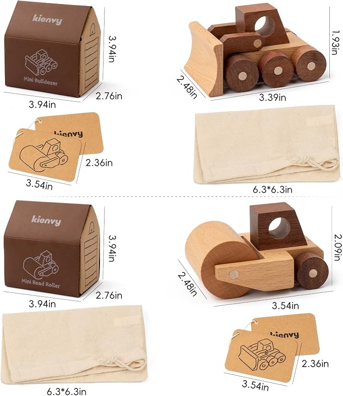 Wooden Toy Cars for 3 Year Old Boys & Girls - Construction Vehicles Set Push Toys for Toddlers, Wood Montessori Car with Rolling Wheels, Natural Wood Toys (Bulldozer & Road Roller)