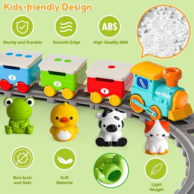Farm Animal Train Toys for Toddlers 2-4, Kids Electric Train Set with Music, Steam & Lights, Montessori Learning Toys with Finger Puppets, Christmas Birthday Gifts for Boys Girls Age 18 Months+