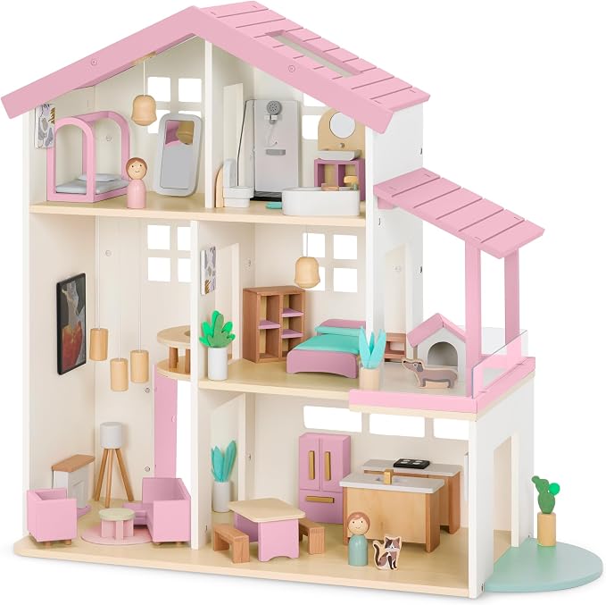 Best Choice Products Modern Wooden Dollhouse for Kids, 3-Story Doll House with 40 Furniture Accessories, Interactive Dollhouse Set with Dolls, Multi-Room Design for Girls & Boys - Pink