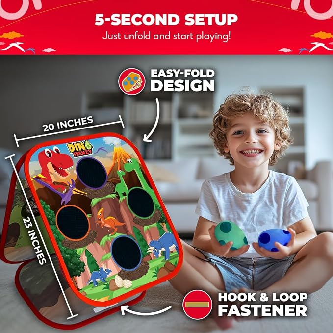 Swooc Games® - Dino Frenzy | 2-in-1 Corn Hole Games for Kids | 5-Second Setup | Dinosaur Bean Bag Toss Game for Kids | Kid Cornhole Game Set | Toddler Party Activity | Outside Bean Bags Kid Tossing