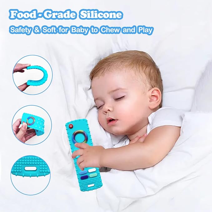 2-Pack Silicone Baby Teething Toys, TV Remote Teethers for 6-12-18 Months Infant, Fire Stick Remote Control Shape Baby Silicone Teethers, Chew Toys for Boys and Girls (New-F Black+R Blue)