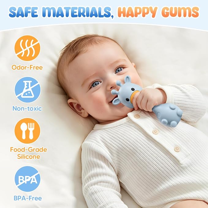 Baby Teething with Rattle Toys 3-6 6-12 Months, BPA Free Silicone Baby Teether, Infant Chew Toys for Teething Relief, Baby Gifts for Newborn Boys Girls, Easy-Grip, Blue